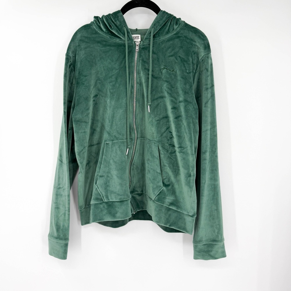 PINK Victoria's‎ Secret Velour Full Zip Hoodie Green Logo L Y2K 2000s Aesthetic
